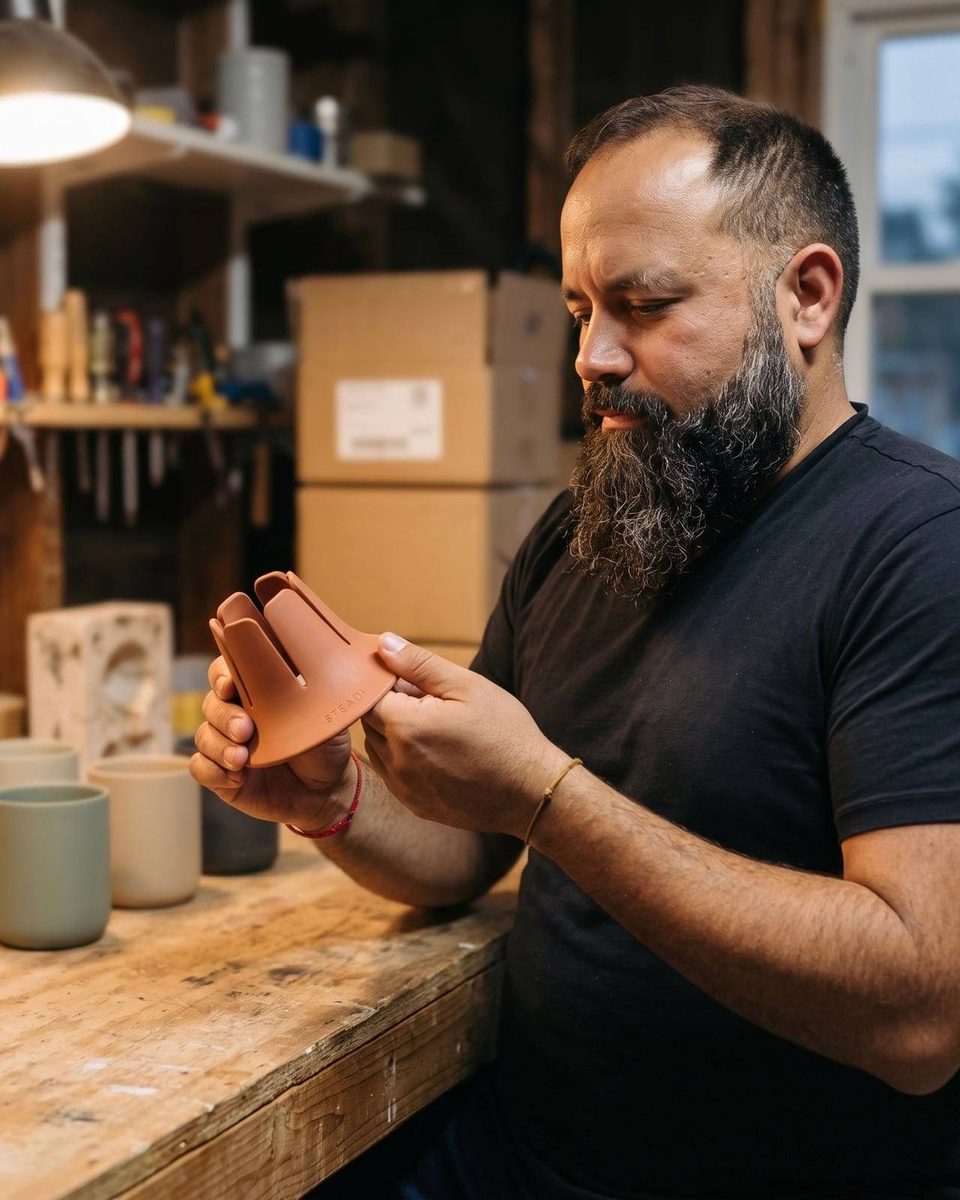 Scott at a workbench turning a terracotta Steadi prototype in his hands.