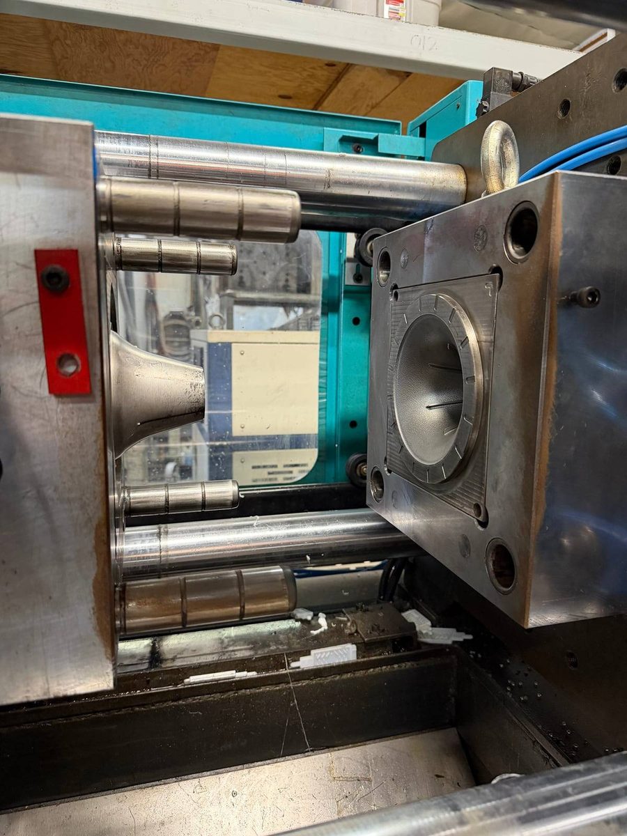 The open injection mold for the Steadi in the press.