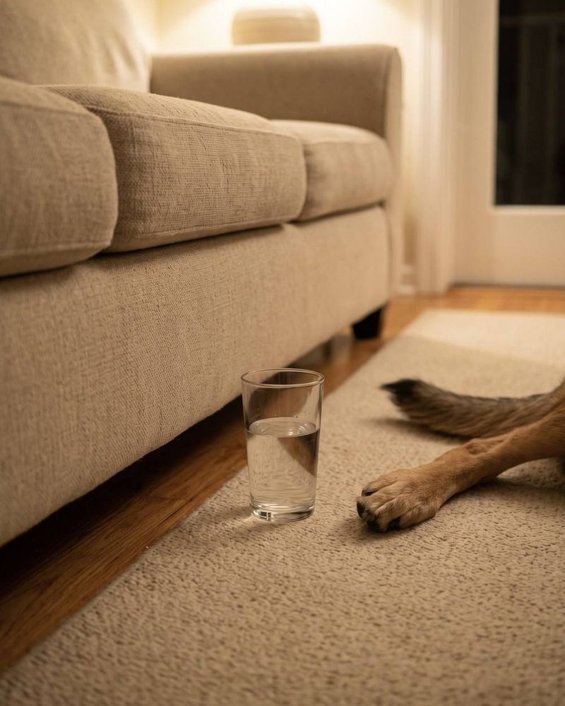 A glass on the carpet beside a dog's paw.