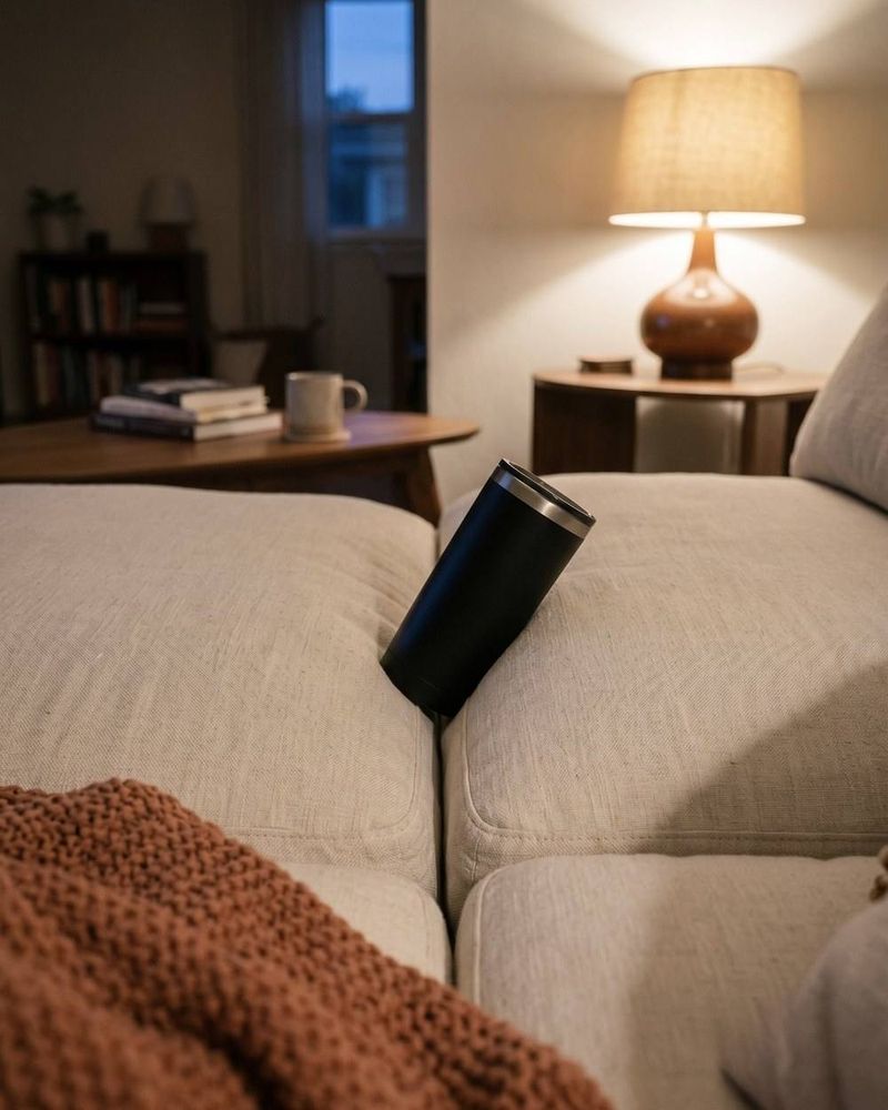 A tumbler wedged in the seam between two couch cushions.
