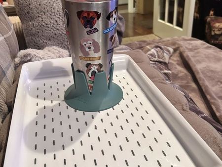A dog-print tumbler in a sage Steadi on a white tray on a grey blanket.
