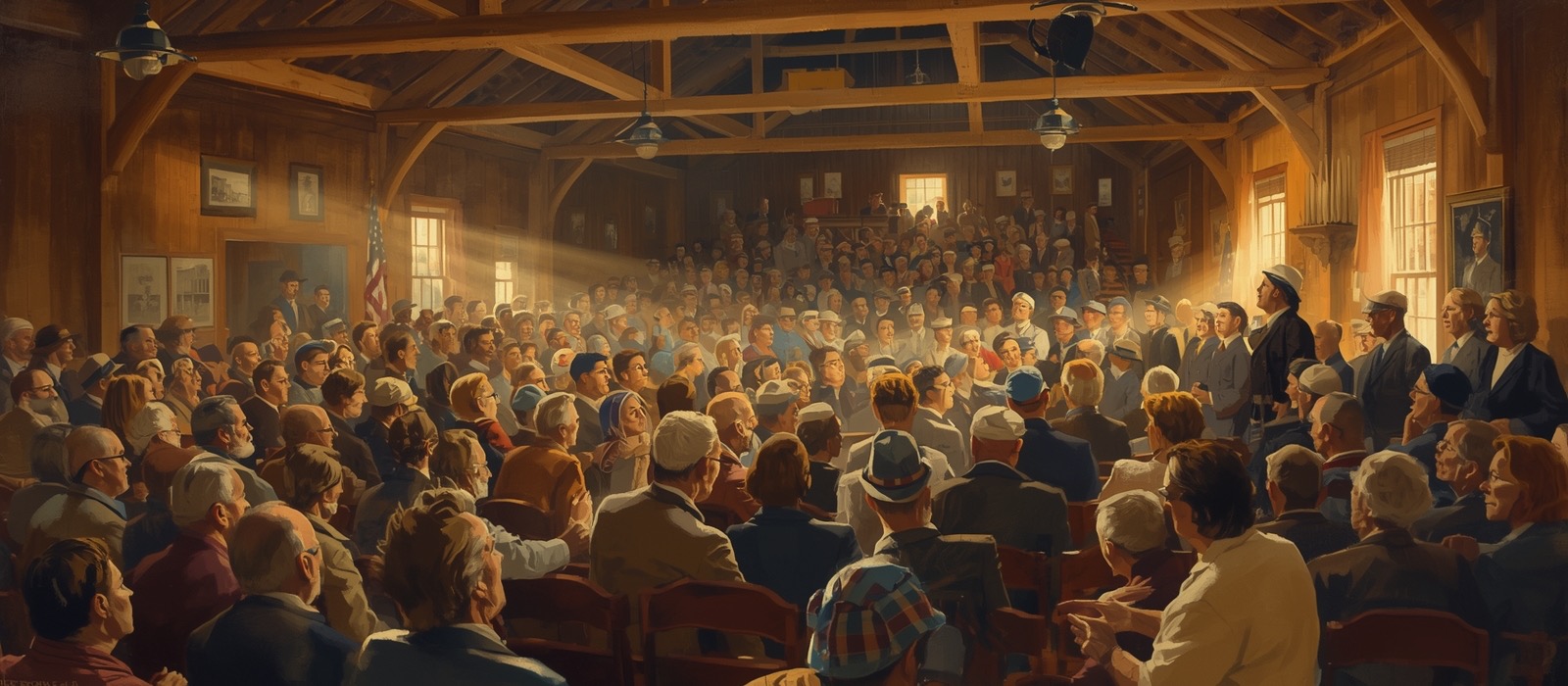 A painted town-hall meeting: working people of every trade gathered in a warm wooden hall, one woman rising to speak