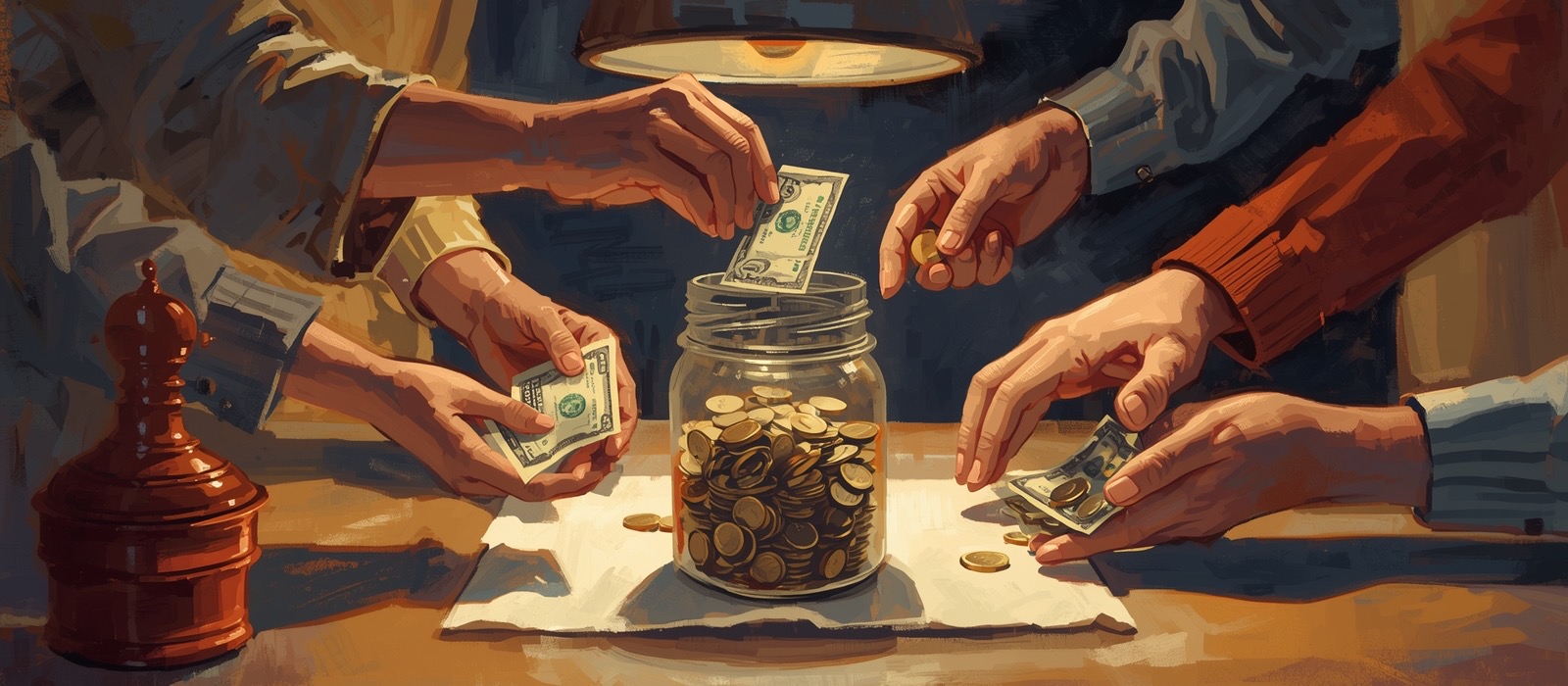 Hands placing coins and folded bills into a jar on a kitchen table