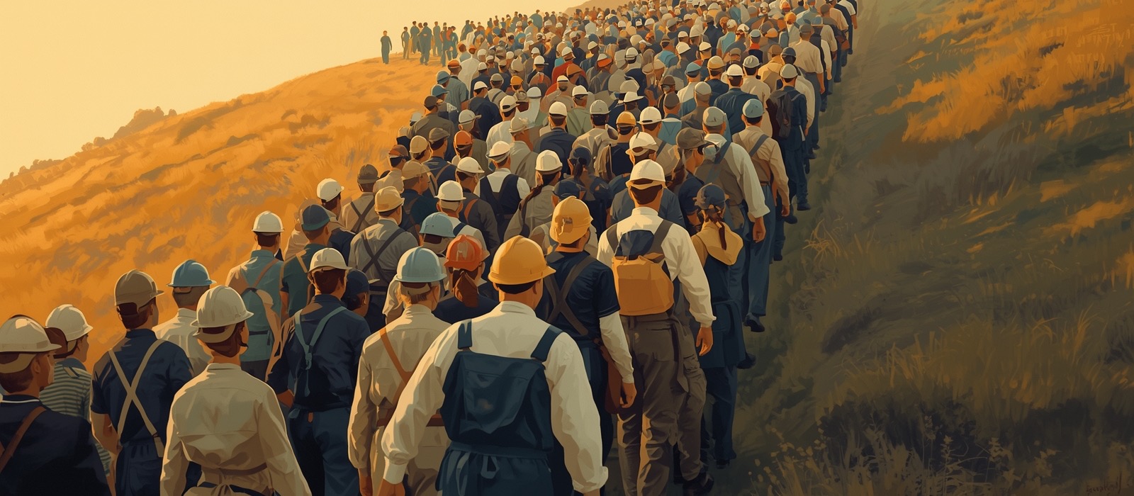 Workers of every trade walking together toward dawn light