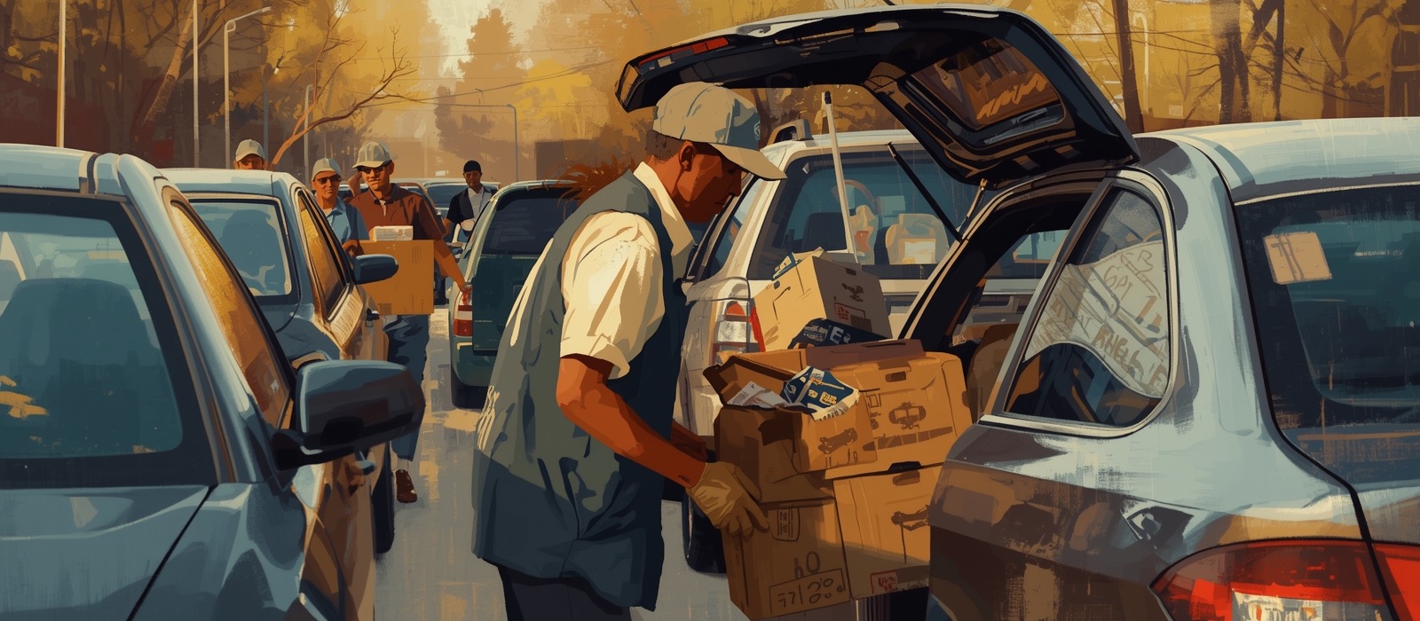 Volunteers loading boxes at a morning community drive