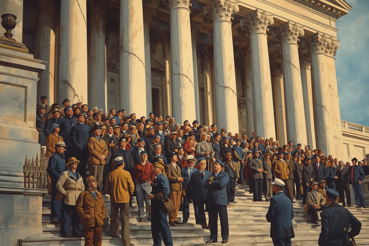 Citizens of many trades gathered on sunlit capitol steps