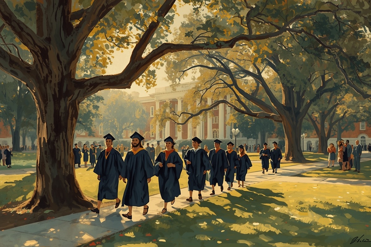 Graduates crossing a sunlit public university lawn