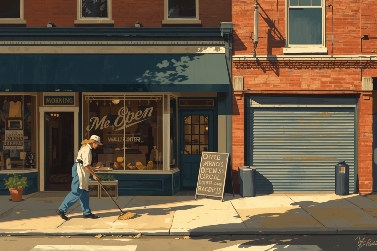 A small-town main street opening for the morning