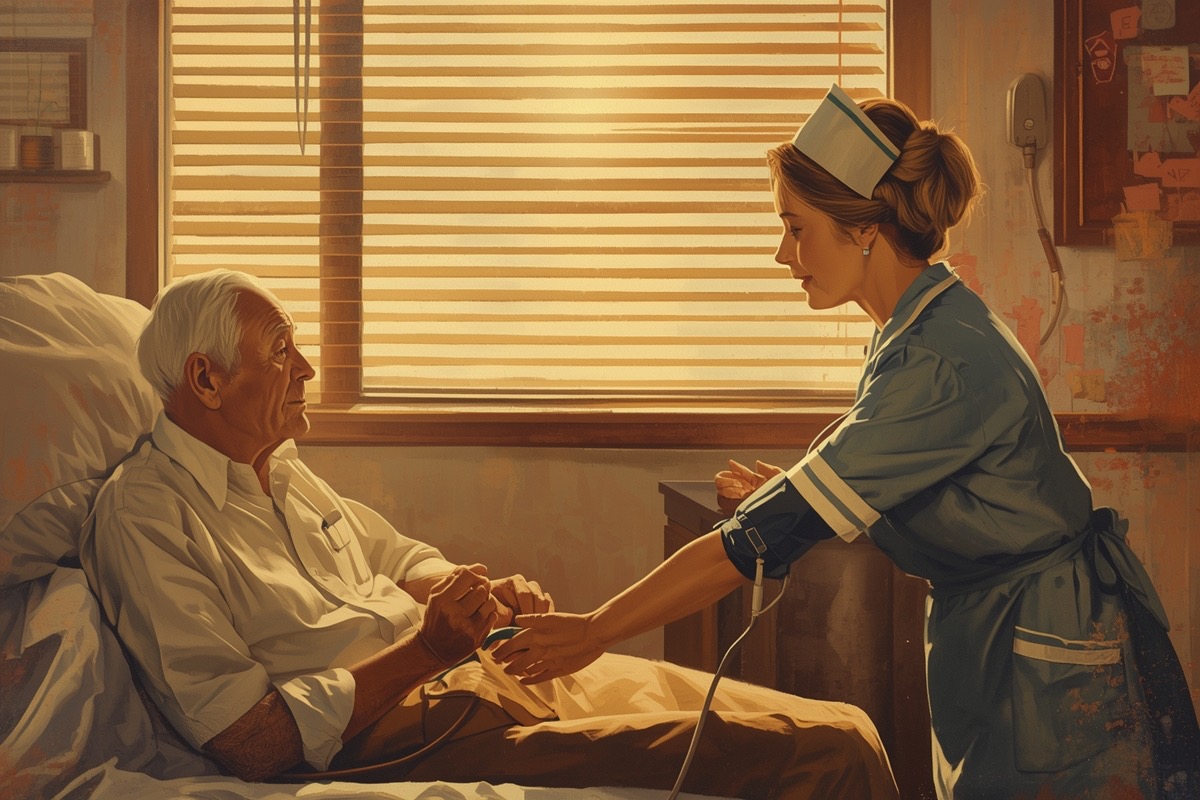 A nurse taking an older patient's blood pressure in warm clinic light