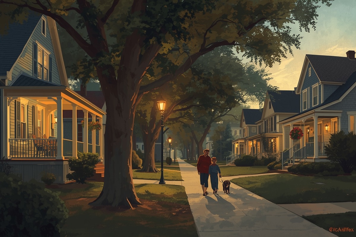 A tree-lined street of modest homes at dusk, porch lights on