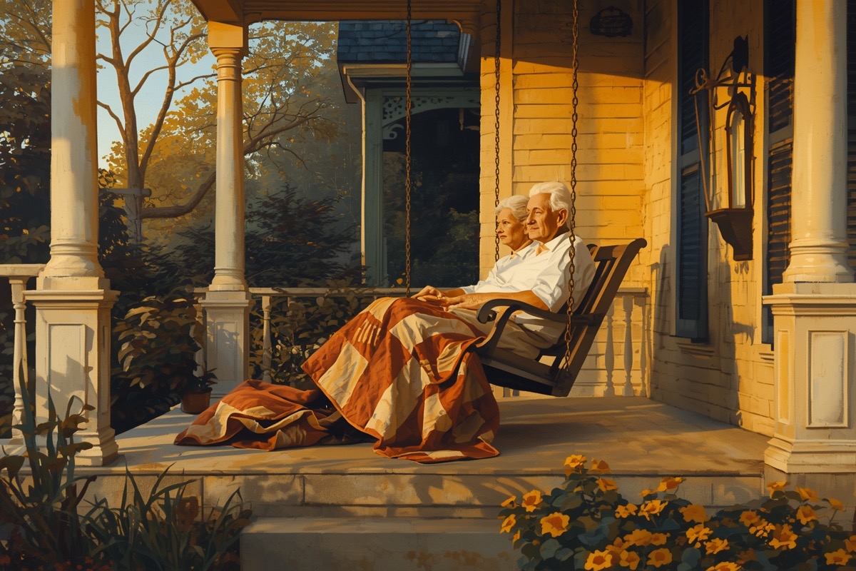An older couple resting on a porch swing at golden hour