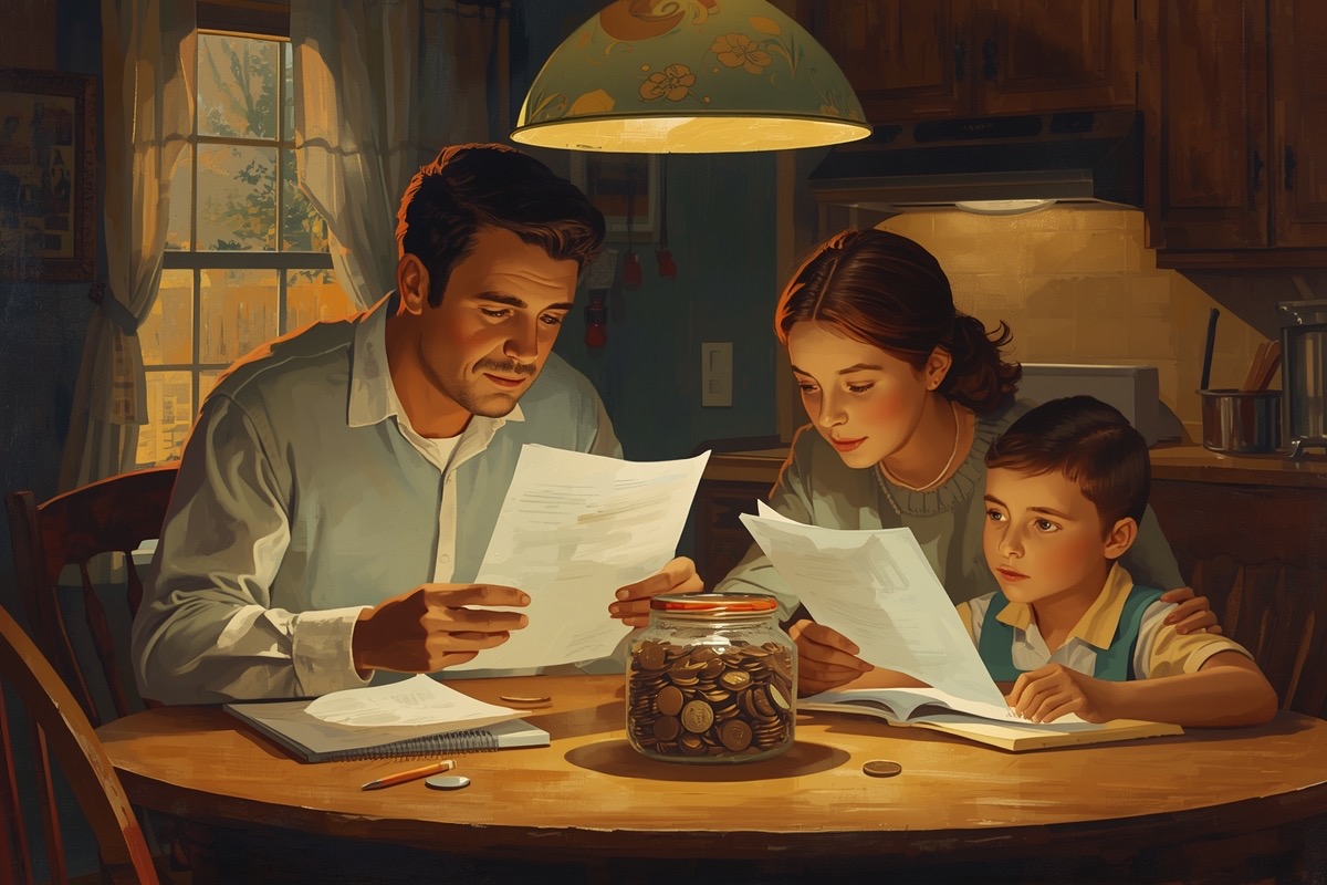 A family reviewing their budget at a warm kitchen table