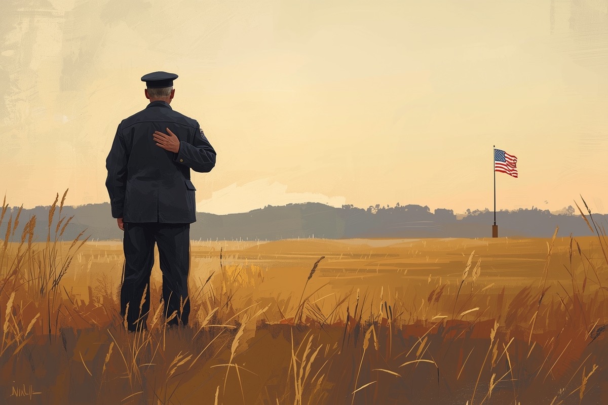 A veteran in a work jacket, American flag patch on the sleeve